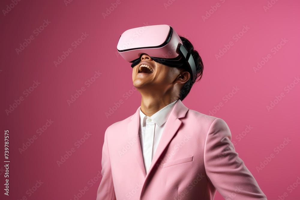 36-year-old Asian man engrossed in virtual reality with wireless VR goggles against a soft pastel background with ample copy space, her expression conveying a sense of discovery.
