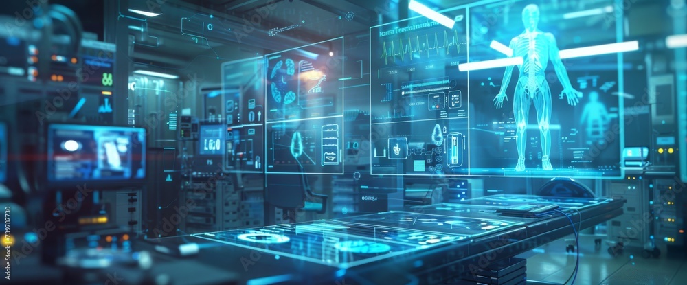 displaying medical data in the room, in the style of futuristic digital art displaying medical data in the room, in the style of futuristic digital art