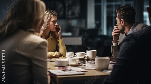 Amidst the hustle and bustle of an office environment, cups of steaming coffee or tea sit on the table, surrounded by office workers engaged in lively discussions and collaborative efforts photo