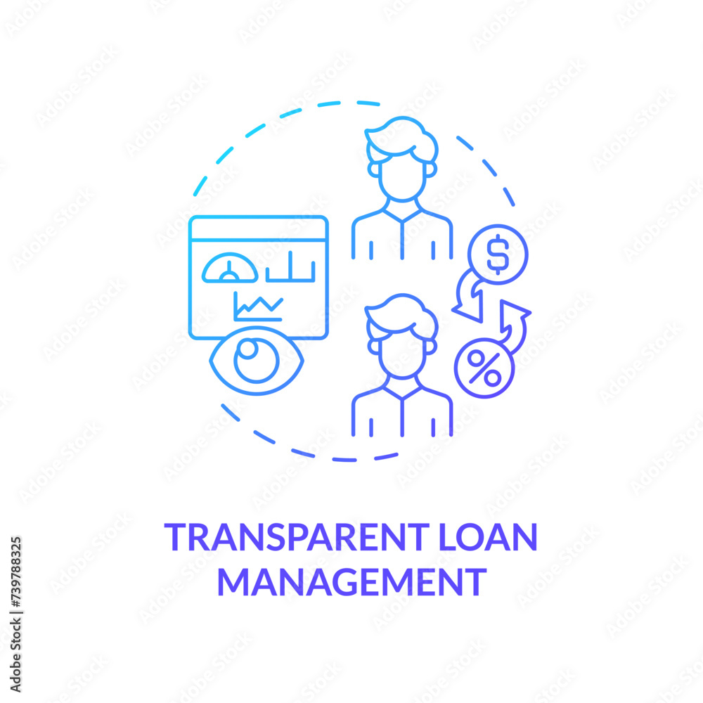 Transparent loan management blue gradient concept icon. Loan options, interest rates, and fees. P2P lending. Round shape line illustration. Abstract idea. Graphic design. Easy to use in marketing Transparent loan management blue gradient concept icon. Loan options, interest rates, and fees. P2P lending. Round shape line illustration. Abstract idea. Graphic design. Easy to use in marketing