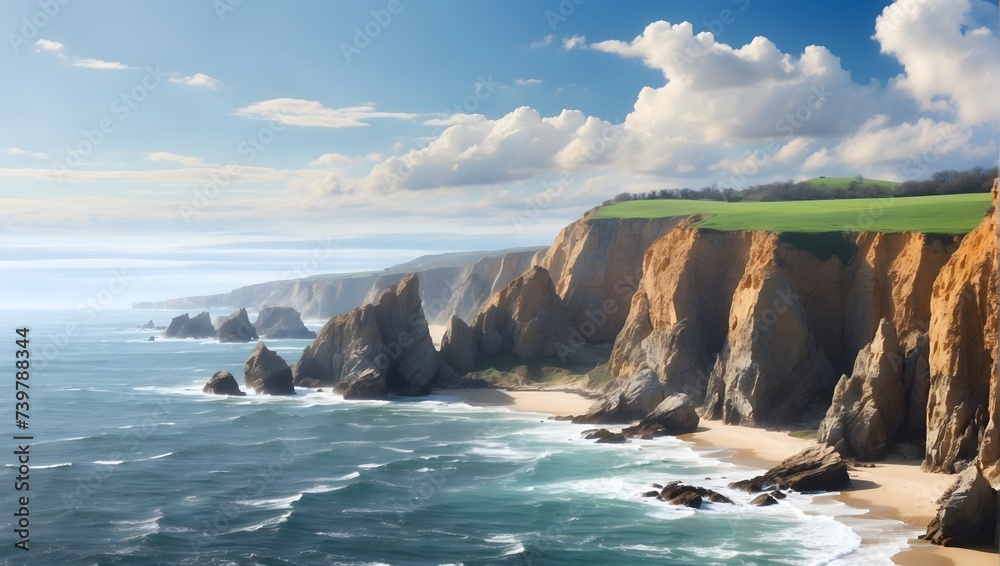Picturesque coastal cliff view, rugged cliffs meeting the expanse of the ocean, crashing waves below, perfect for travel brochures or coastal getaway advertisements. generative ai - obrazy, fototapety, plakaty 
