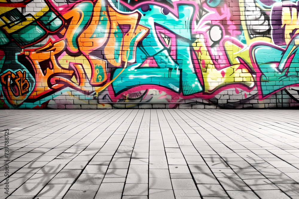 Naklejka premium Street art graffiti on a wall in street art style. Wall covered in vibrant graffiti art and wooden floor in front