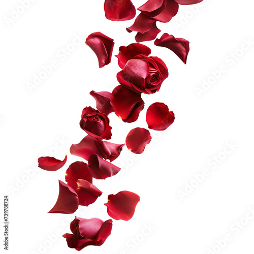 Falling romantic dark red rose petals on an isolated background
