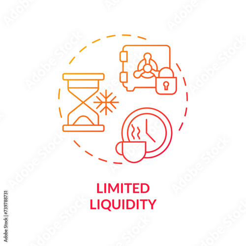 Limited liquidity red gradient concept icon. Peer-to-peer lending. Difficult to buy, sell an asset quickly. Round shape line illustration. Abstract idea. Graphic design. Easy to use in marketing