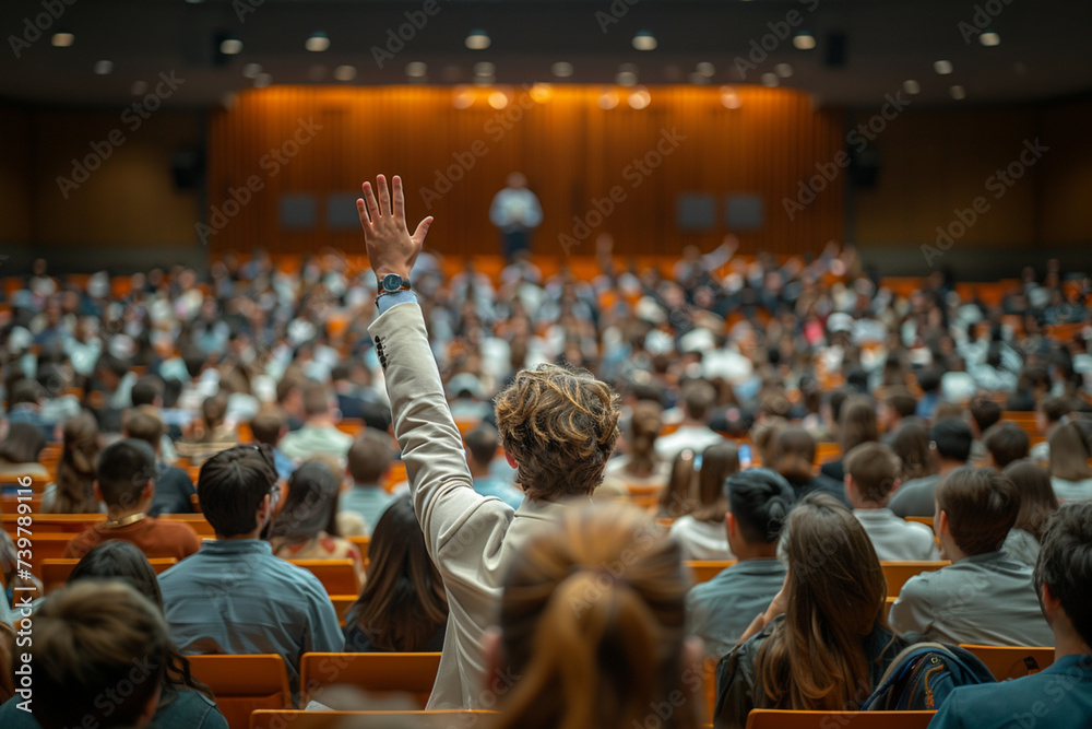 Student Participating in University Auditorium. Back view of a student with raised hand in a busy university auditorium during a lecture. - obrazy, fototapety, plakaty 
