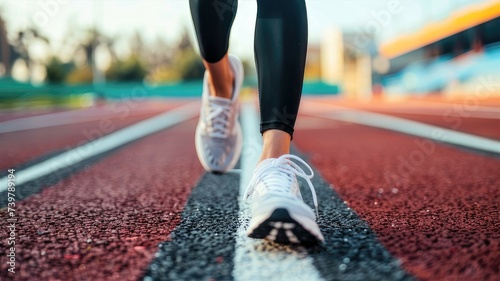 Close-up of athlete's legs at a sports stadium. Female runner preparing for a jog. Jogger working out. Woman running on the race track in the athletic arena.