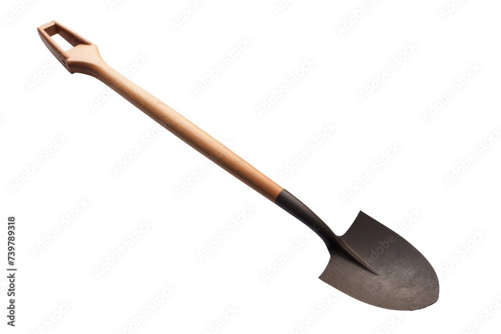 A simple photograph of a shovel with a wooden handle. on a White or Clear Surface PNG Transparent Background. - obrazy, fototapety, plakaty 