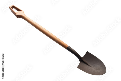 A simple photograph of a shovel with a wooden handle. on a White or Clear Surface PNG Transparent Background. photo
