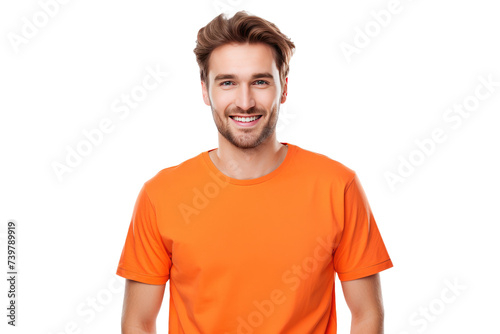 A man wearing an orange shirt smiles directly at the camera, showcasing his cheerful expression. on a White or Clear Surface PNG Transparent Background.