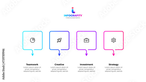 Outline infographic design template. Progress diagram with 4 square elements. Concept of startup development four steps (ID: 739789946)