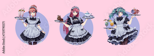 Maid cafe girls in uniforms round vector avatars set. Lovely anime women holding trays with cakes and drinks round logos on pink background