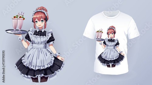 Pretty maid cafe girl and t-shirt print vector template. Kawaii anime woman holding desserts and coffee character for clothes decor. Japanese art