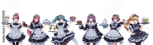 Pretty girls in maid cafe costumes color vector characters set. Cute anime women holding trays with cakes and drinks on white background