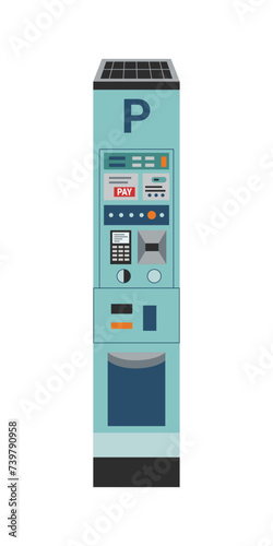 Self-pay parking meter with solar panel on top isolated on white background. Technology concept. Contactless payment concept. Payment for parking.
