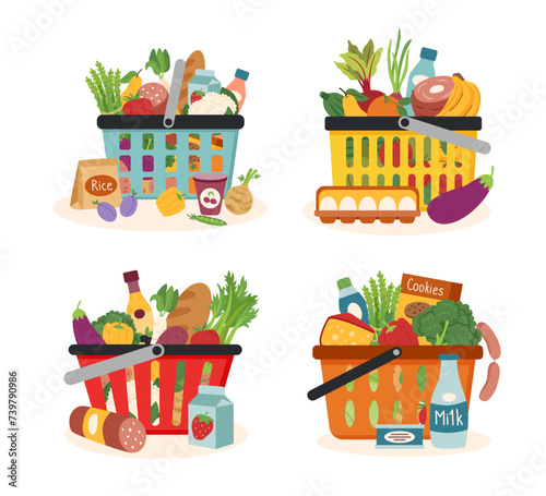 Set of shopping baskets with food. Shopping concept. Healthy food concept.