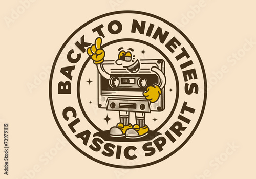 Back to nineties. Vintage character illustration of Tape cassette