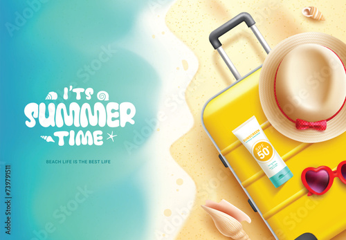 Summer time text vector background design. It's summer time greeting text in seashore with luggage bag, hat and sunscreen beach elements. Vector illustration summer time greeting template.
