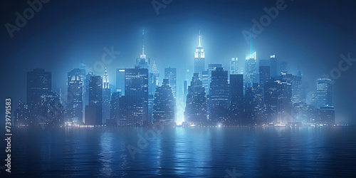 Large view of virtual large mega city at night,Blue City , © Bubble