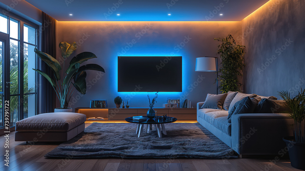 Modern living room at evening with led light Modern living room at evening with led light