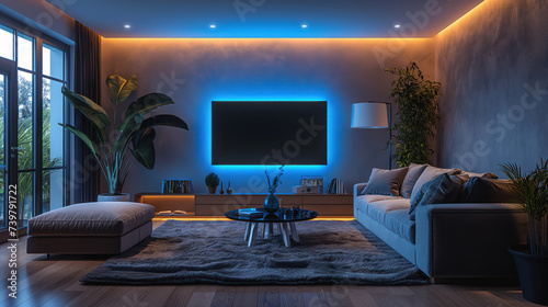 Modern living room at evening with led light © Utha Design