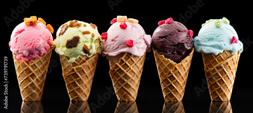Set of various ice cream scoops in waffle cones. isolated on black background