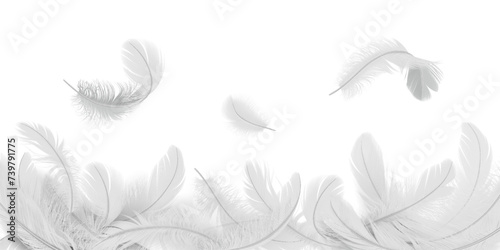 Flying feathers fall down on pile realistic vector illustration. White tender birds plumage 3d design elements on white background photo