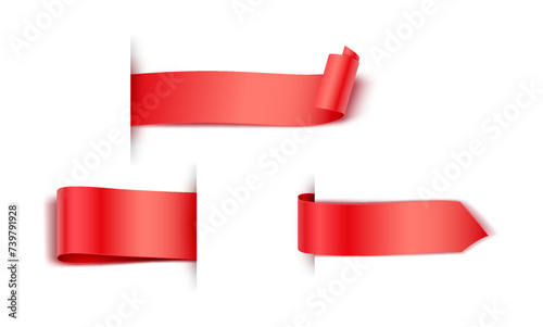 Red rolled ribbons realistic vector illustration set. Blank labels for business advertising 3d models on white background. Commercial tags