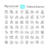 Political science linear icons set. Branch government structure. Social institutions regulation, democracy. Customizable thin line symbols. Isolated vector outline illustrations. Editable stroke