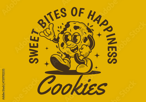 Sweet bites of happiness. Mascot character of a walking cookies in retro style