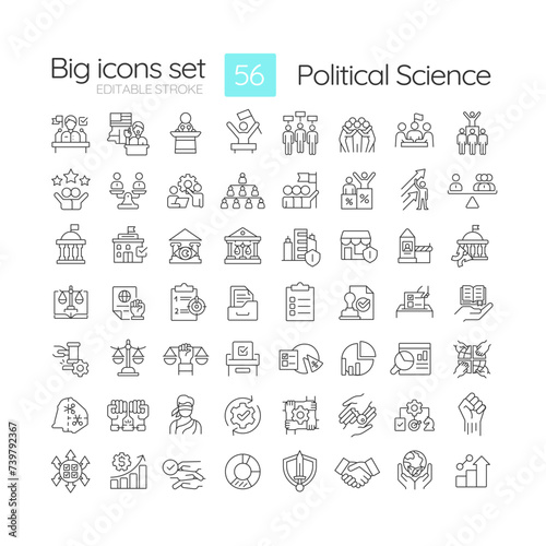 Political science linear icons set. Branch government structure. Social institutions regulation, democracy. Customizable thin line symbols. Isolated vector outline illustrations. Editable stroke photo