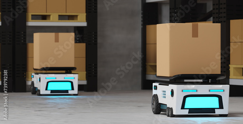 Concept industry 4.0 smart vehicle autonomous robot AGV (Automated guided vehicle),warehouse logistic and transport,with cardboard box automated robot,production in factory,3d rendering illustration