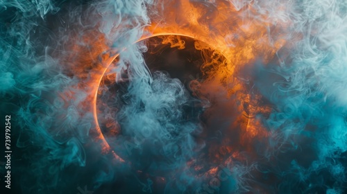 The mystical convergence of fire and water, the dance of the elements. A ring of fire illuminates the dark abyss, casting an ethereal glow that emphasizes the stormy waves below