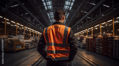 In the expansive aircraft factory floor, a man donning a protective vest is depicted from the back. The scene showcases the vastness of the industrial space