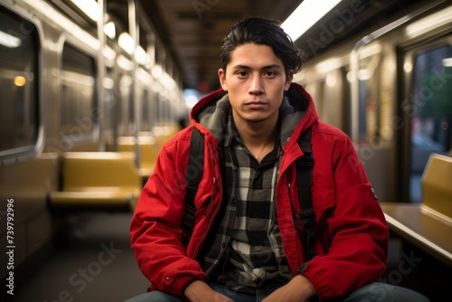Native American man, aged 20, wearing a flannel shirt and jeans, sitting on a bench in a subway station, waiting for a train