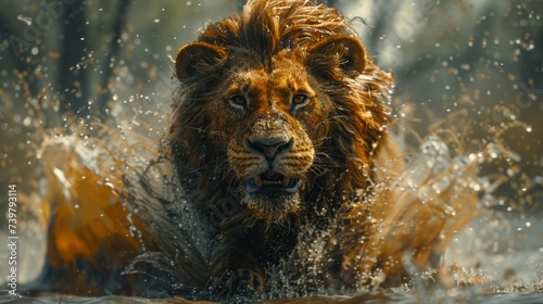A majestic lion roaring amidst a dynamic explosion of water and dust, captured in a moment of fierce beauty and power