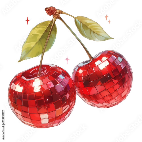 Cherry disco mirror ball. Funky groovy illustration. Isolated on white background. Y2K aesthetic retro poster design.