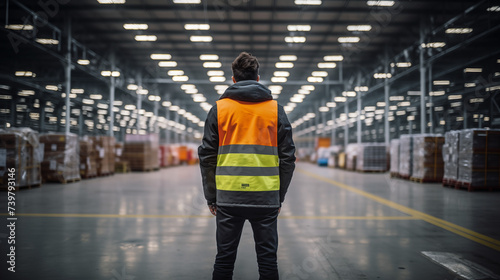  the vast expanse of an aircraft factory floor, a man is observed from the back, clad in a protective vest. The scene captures the contrast between the human presence and the mechanical surroundings