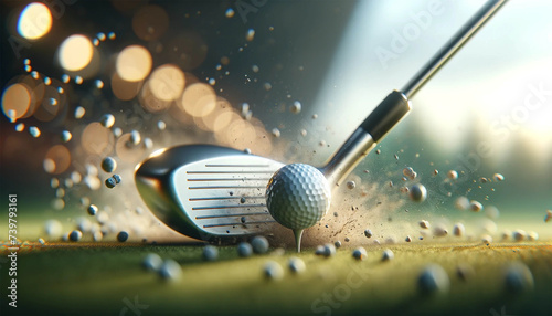 A golf club hits the ball. Golf club close up.