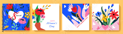 Happy Women's Day greeting square card set. Cute spring backgrounds with flowers, leaves, plants. Colorful vector templates for social media post, banner design, web internet ads.