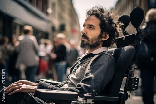  Photograph portrait an activist with disabilities, aged 43, participating in a demonstration advocating for accessibility rights