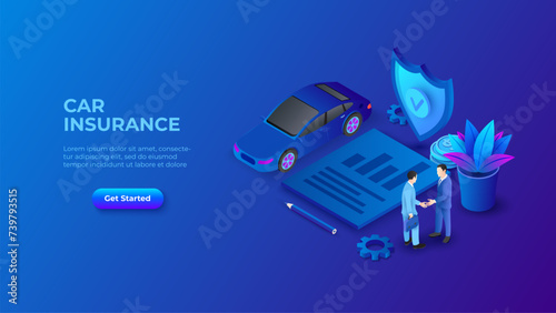 Isometric dark blue illustration. Car insurance design concept with car, shield and contract. Landing page template for web (ID: 739793515)