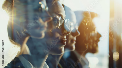 Businesswoman and businessman looking forward with double exposure style, business background