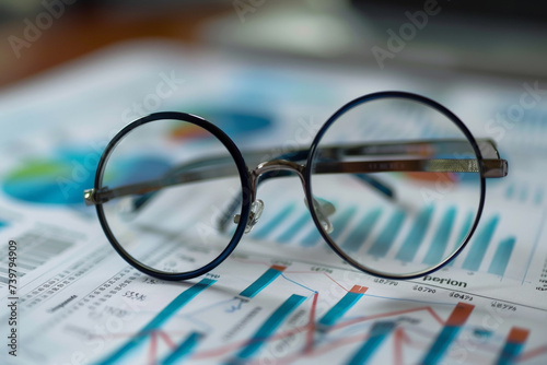 Glasses resting on newspaper beside business-related items