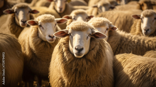 Flock of long hair sheep with rich well-groomed lustrous fleece. Herd as a metaphor for community, togetherness, and social cohesion. High standards of animal husbandry and breed preservation