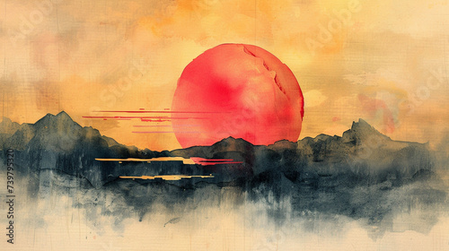 赤い太陽と山の風景　Generative AI photo