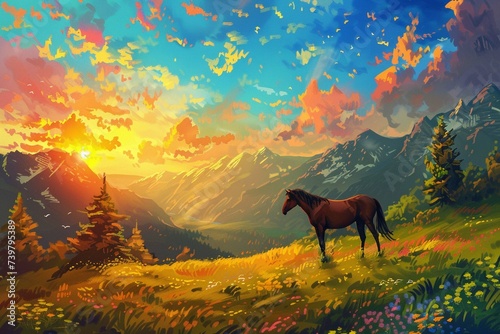 Summer landscape with horse in the mountains. Sunset . close up