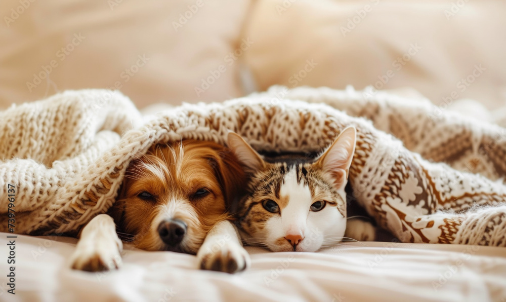 Obraz premium puppy and kitten sleeping in bed