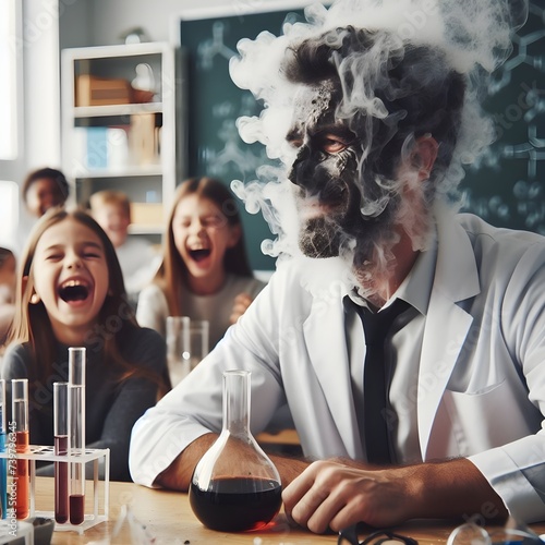 A chemistry teacher laughing together with his students after a wrong or failed experiment leaves puff of smoke and his darkened black sooty face photo