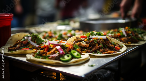 a street food market, festival, or event, the skilled hands of a chef expertly craft Mexican tacos