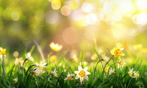 Spring meadow with blooming flowers under sunlight